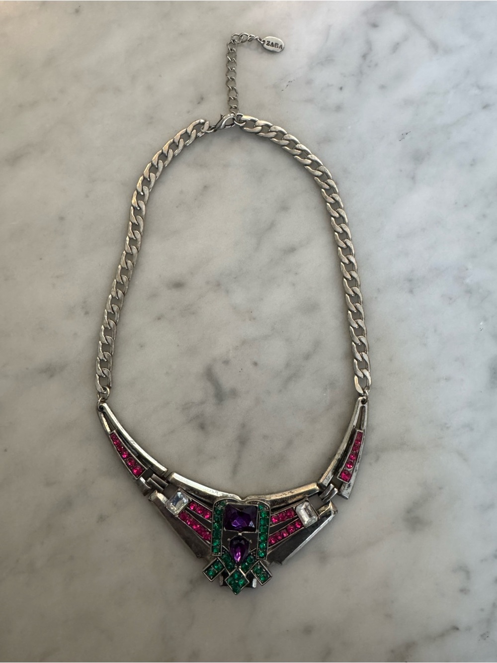 Zara Silver-Tone Necklace with Purple, Green & Pink Stones